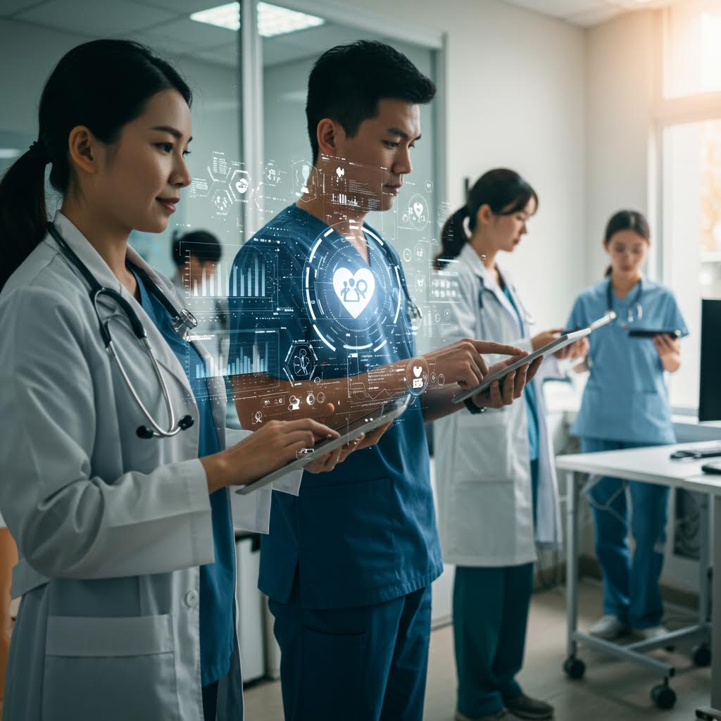 의료진의 손끝에서 생체 정보가 교차하며 루믹스솔루션의 실시간 모니터링 기술이 살아 있는 울림