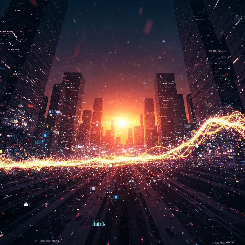 어두운 도시의 고층 빌딩들 사이로 황금빛 에너지 파장이 흐르고, 아래에 그래프, 잠금 아이콘, 숫자 등 디지털 요소가 흩어져 있다. 미래 에너지 네트워크 또는 데이터 전송을 상징하는 사이버틱 도시 풍경.