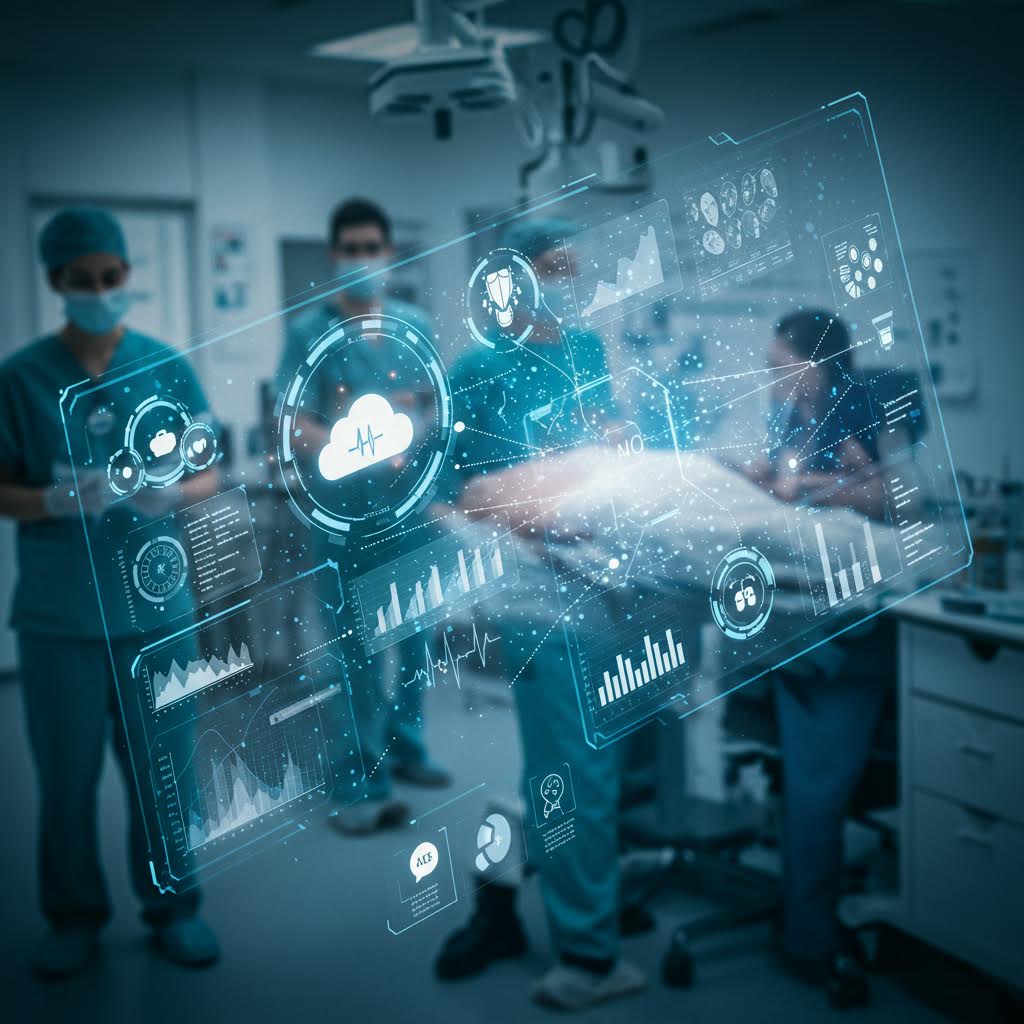 수술실에서 의료진이 환자 데이터를 실시간으로 모니터링하며 디지털 화면을 통해 진료 정보를 확인하는 장면. 루믹스 기술을 활용한 스마트 의료 시스템이 환자의 생체 데이터를 분석하고 치료 정확도를 높이는 모습을 표현하고 있다.