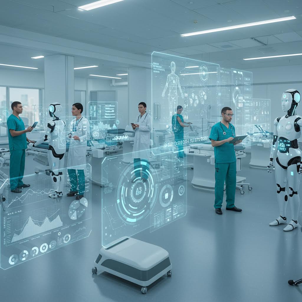 로봇과 의사가 함께 데이터를 분석하며 루믹스솔루션의 자동화된 임상 시스템이 움직이는 흐름