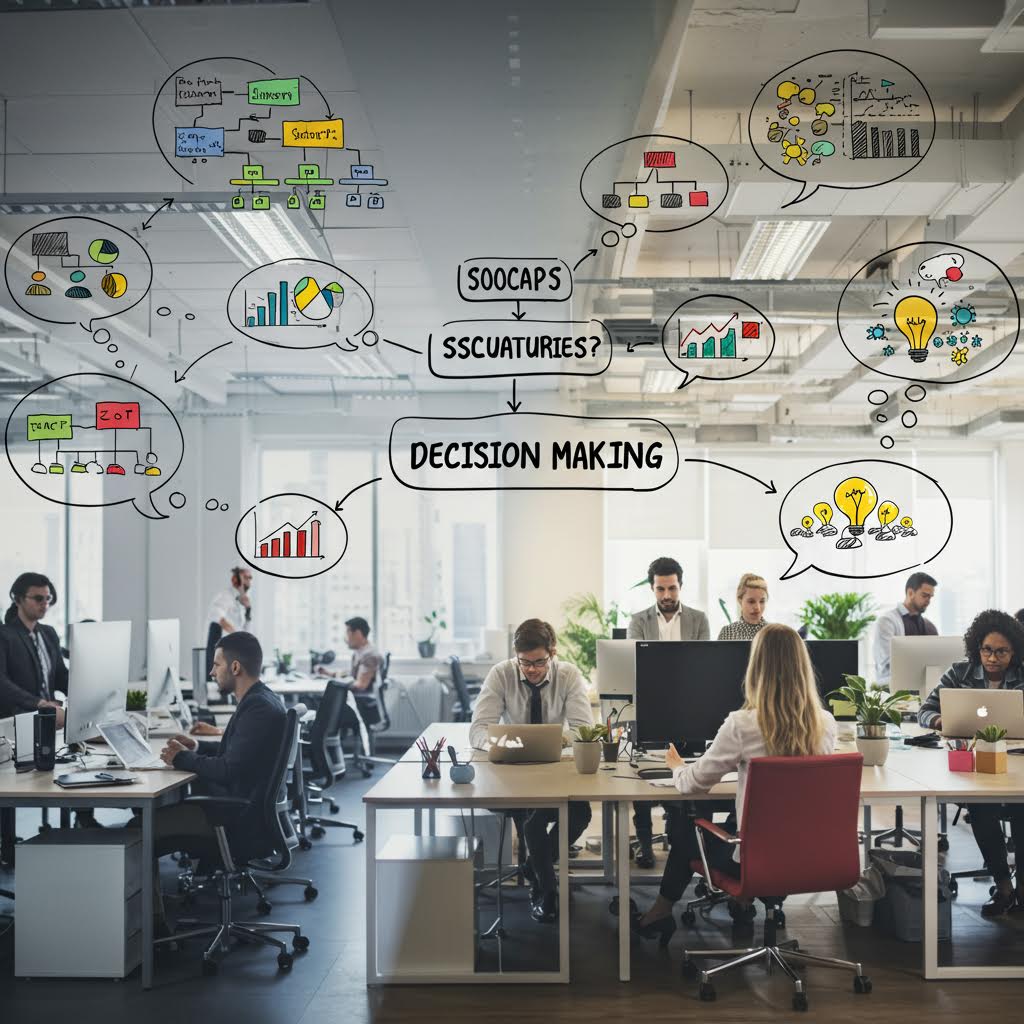 오픈 오피스에서 여러 직원이 일하는 가운데, 유리창에 'DECISION MAKING'과 'SOCCAPS', 'SSCATURIES?' 등의 말풍선과 차트, 아이디어가 그려져 있다. 브레인스토밍과 협업 문화를 표현한 일러스트 오버레이 이미지.