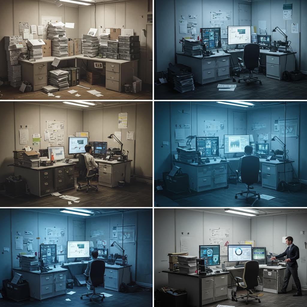 어느 사무실의 변화 과정을 6단계로 보여주는 콜라주: 처음엔 종이 더미로 가득한 혼란스러운 책상, 점차 모니터와 디지털 도구가 늘어나며 정리되고, 마지막엔 한 사람이 여러 대의 스크린을 보며 일하는 모습. 디지털 전환 과정을 상징.