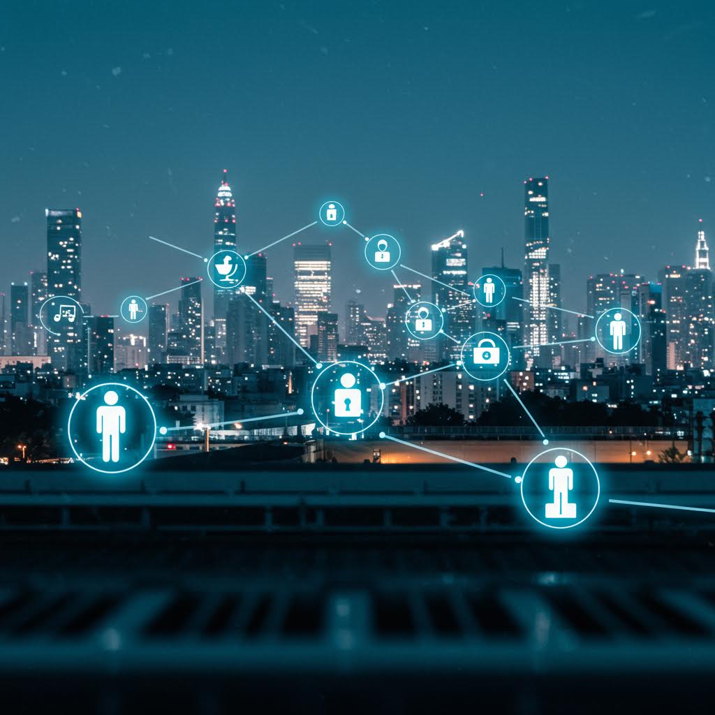 도시의 야경 위로 사람과 데이터가 연결된 네트워크 아이콘이 떠 있는 장면으로, 루믹스가 구축하는 스마트 도시 커뮤니케이션 시스템을 상징적으로 표현한 이미지.