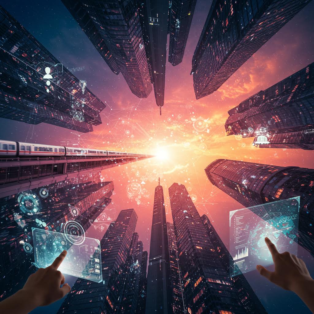 하늘을 향해 뻗은 초고층 빌딩들 사이로 지하철이 달리고, 중앙에서 태양이 터지듯 빛나며 손이 홀로그램 인터페이스를 조작한다. 사람 아이콘, 그래프, 데이터 패널 등 디지털 요소가 공중에 떠 있는 미래 스마트 시티의 몰입형 뷰.