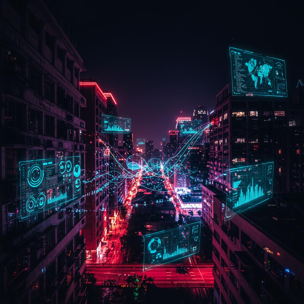 밤의 도시 거리 위로 청록색 홀로그램 데이터 패널, 세계 지도, 그래프, 원형 인터페이스가 떠 있고 분홍색과 빨간색 네온 빛이 거리를 비추는 사이버펑크 스타일의 미래 도시 풍경