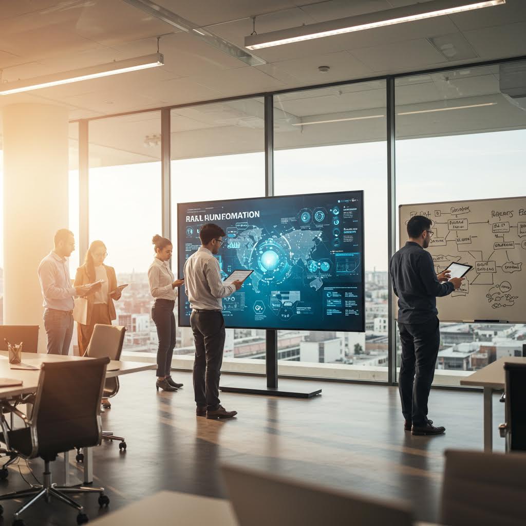 현대적인 회의실에서 다섯 명의 비즈니스맨이 대형 스크린 앞에 서 있다. 스크린에는 'REAL INFORMATION'과 세계 지도, 데이터 시각화가 표시되고, 오른쪽 화이트보드에는 다이어그램이 그려져 있다. 전략 회의 장면.