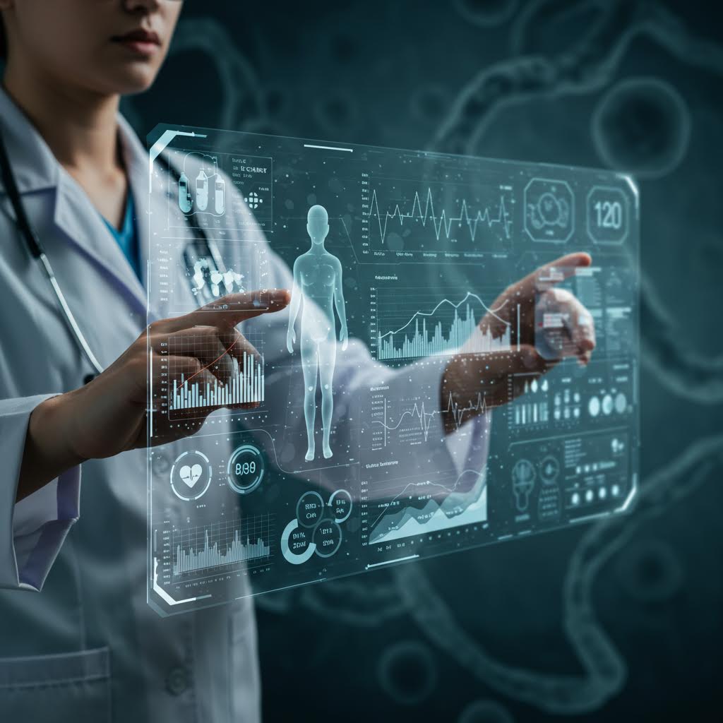 투명한 의료 패널 위에 인체 데이터가 떠오르며 루믹스솔루션의 진단 알고리즘이 작동하는 순간