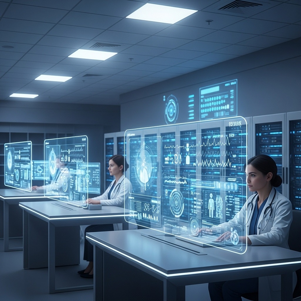 가상 진료실에서 의료진이 투명한 디지털 인터페이스를 통해 환자 생체 정보를 실시간으로 분석하는 원격 의료의 정밀한 흐름