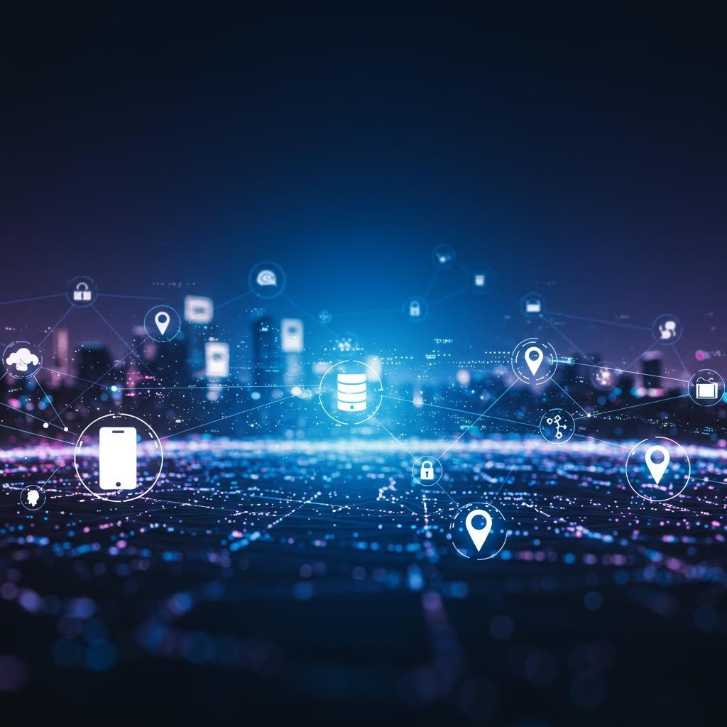 야경 도시를 배경으로 클라우드, 데이터베이스 및 IoT 장치를 연결하는 데이터 네트워크 시스템