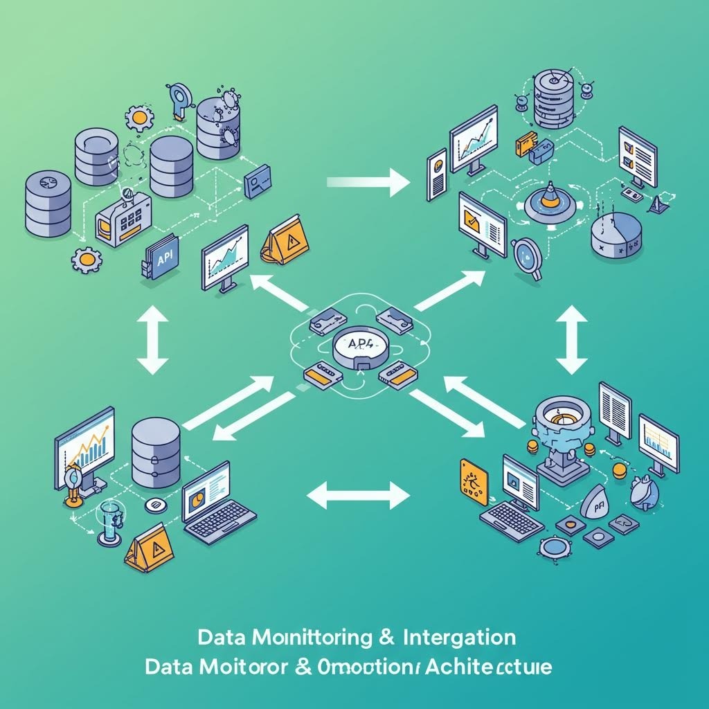 데이터 소스와 애플리케이션을 연결하는 중심으로 API를 사용하는 데이터 모니터링 및 통합 시스템 아키텍처 일러스트