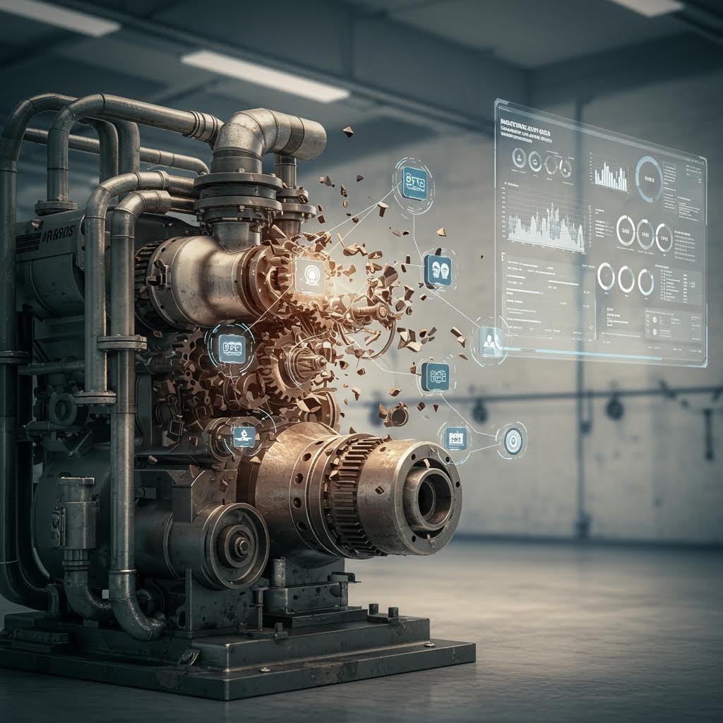 스마트 공장 내 IoT 센서와 실시간 데이터 모니터링 화면이 통합된 현대식 산업용 기계