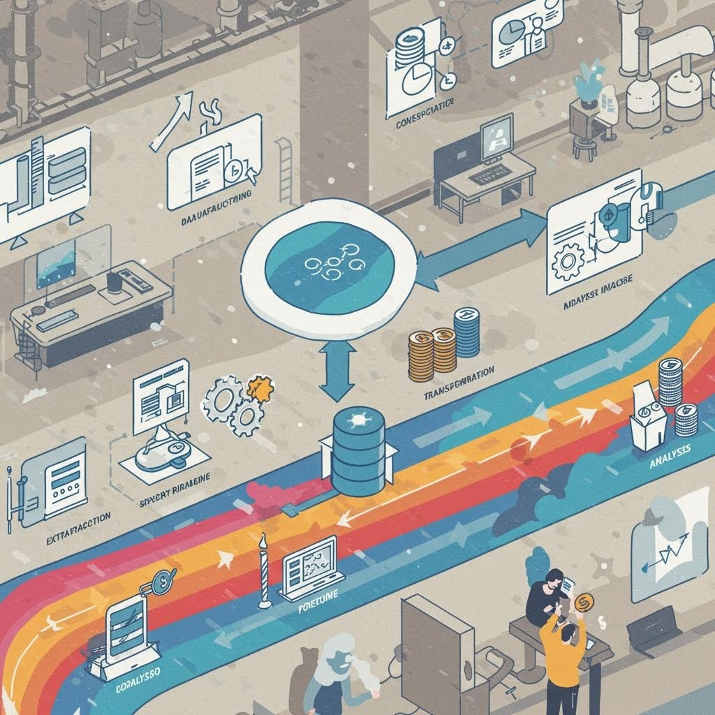 데이터 수집, 분석부터 산업 생산의 AI 적용까지 스마트 공장의 디지털 전환 프로세스를 보여주는 인포그래픽