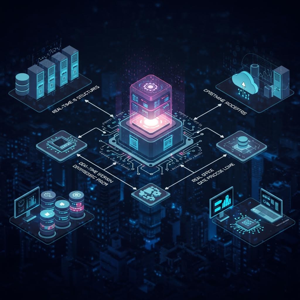 데이터베이스, 클라우드 및 사용자 인터페이스를 포함한 연결 모듈이 있는 중앙 집중식 AI 시스템 아키텍처 다이어그램