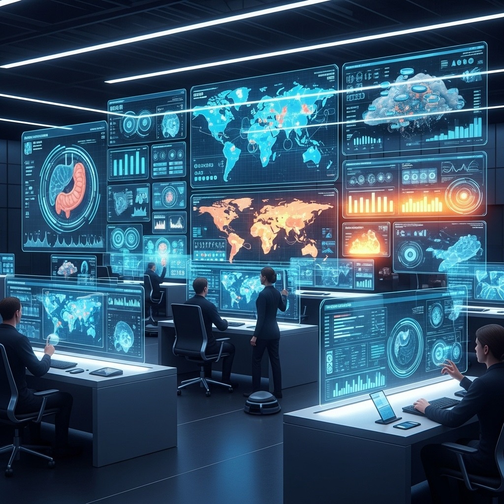 미래형 의료 통합센터에서 인공지능 데이터 패널을 분석하며 질병 예측과 치료 효율을 점검하는 전문가들의 협업 순간