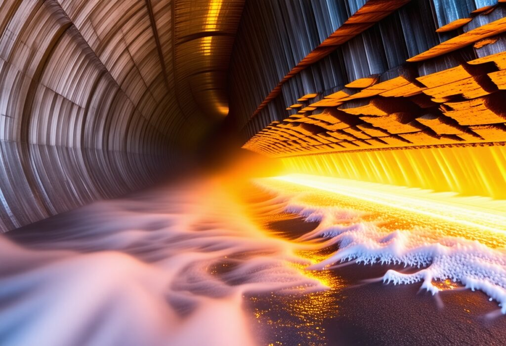 터널 내부에서 강렬한 빛이 흐르며 파동처럼 번지는 장면으로, 데이터 처리 속도를 떠올리게 하는 이미지