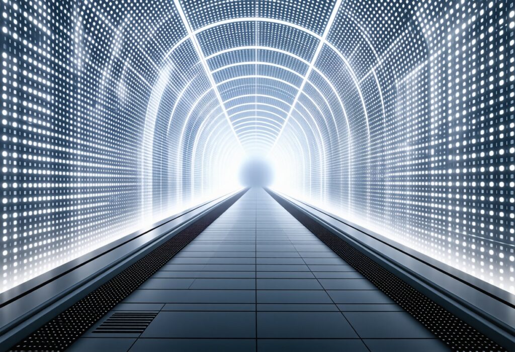 수천 개의 빛나는 점들로 이루어진 밝은 터널이 끝없이 이어진 모습으로, 초고속 네트워크 환경을 상징하는 이미지