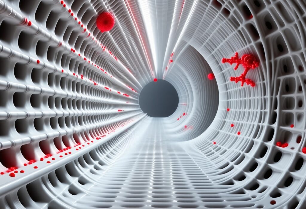 흰색 구조물 내부로 붉은 입자들이 이동하는 장면으로, 데이터 분석 흐름을 연상시키는 이미지