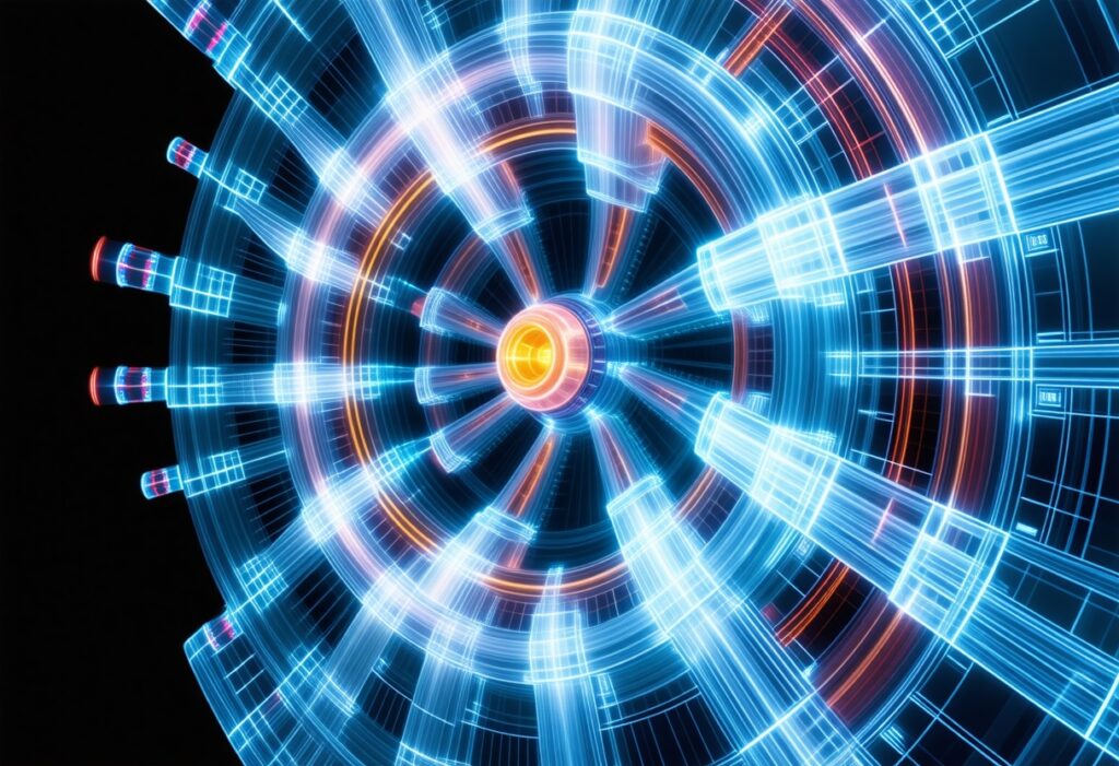 중심에서 뻗어나오는 빛의 선들이 기계적 구조와 어우러진 역동적인 미래형 추상 이미지