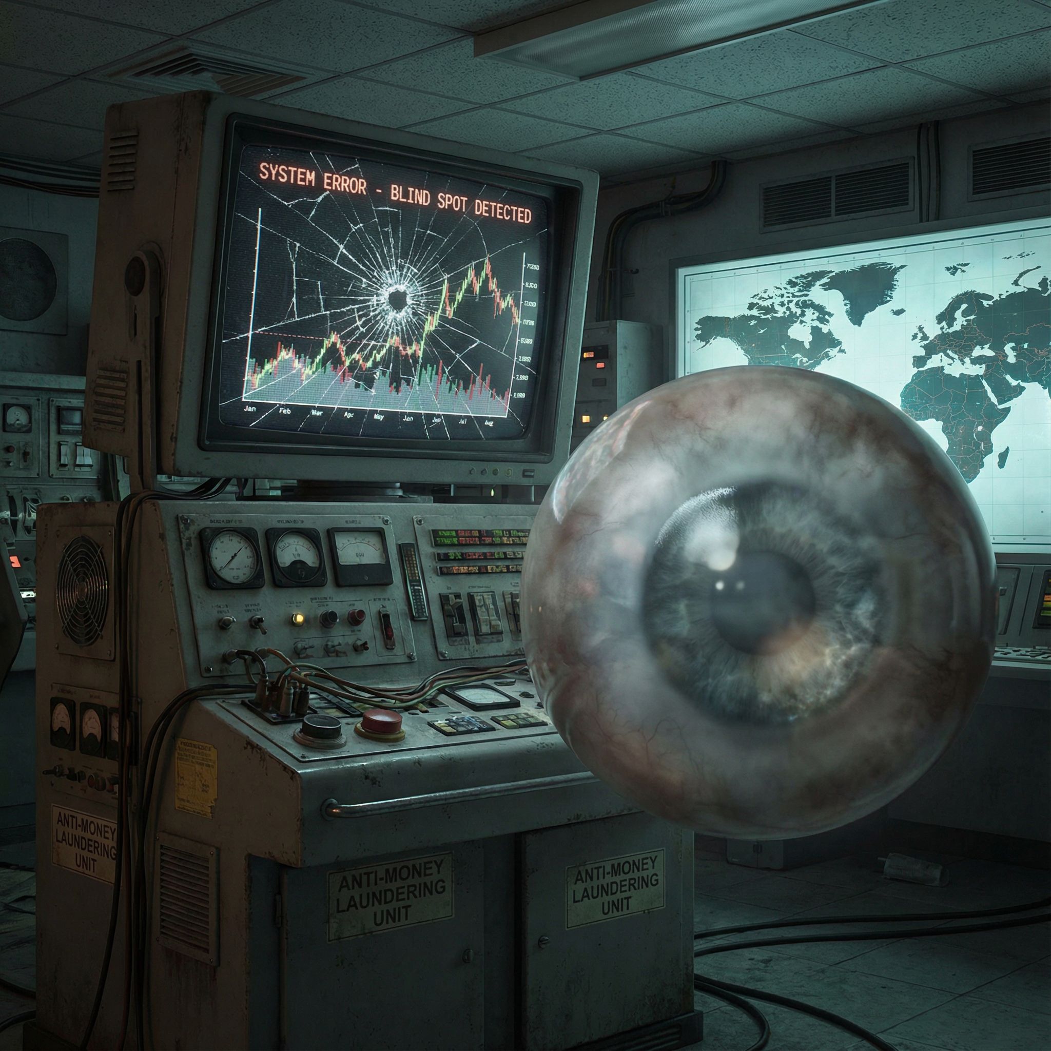 균열이 번진 모니터에 오류 문구와 그래프가 겹치고 거대한 눈 형상이 떠 있는 관제실의 장면
