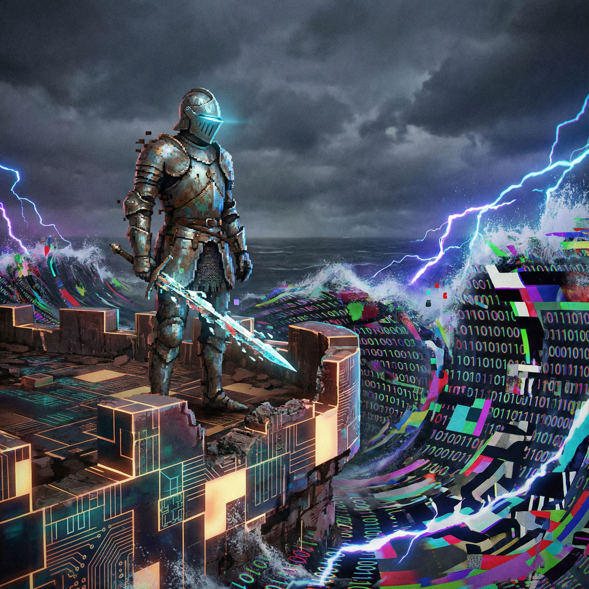 파란색 데이터 폭풍 앞에 서 있는 기사가 붕괴된 디지털 성벽을 지키고 있습니다.