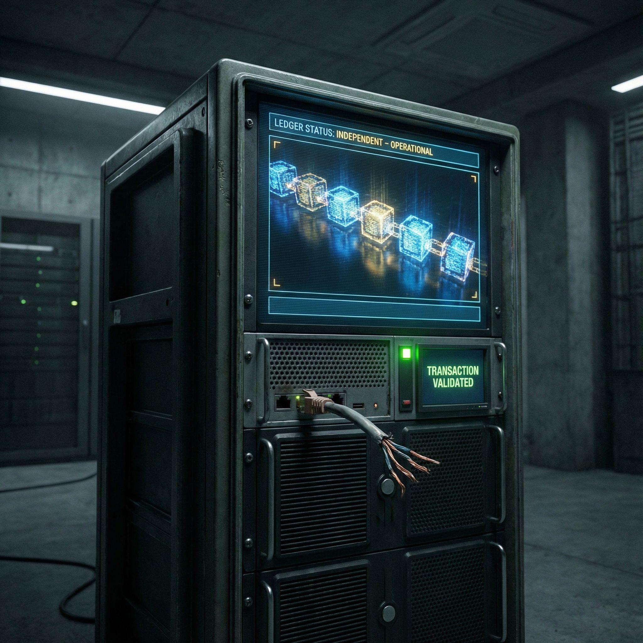 절단된 네트워크 선에도 불구하고 빛나는 원장을 유지하며 독립적으로 거래를 검증하는 블록체인 노드의 모습이다.