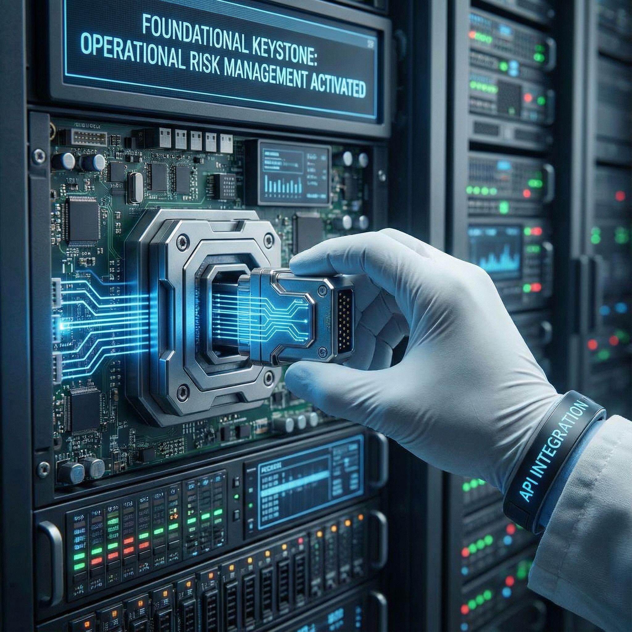 서버 랙 앞에서 장갑 낀 손이 빛나는 모듈을 삽입하며 시스템 흐름이 연결되는 장면