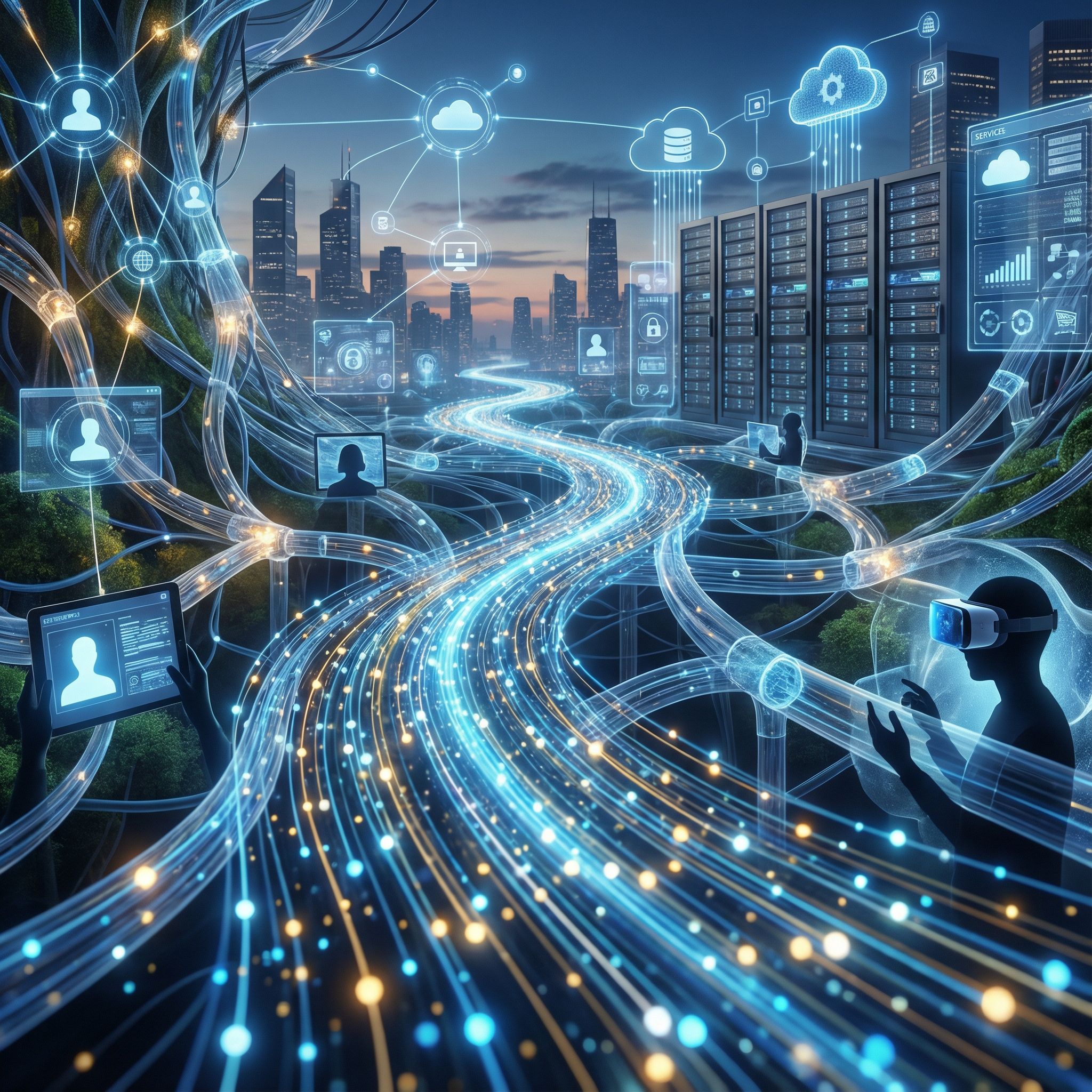 도시 야경 속 서버와 사람을 잇는 빛의 데이터 흐름이 유기적으로 이어지는 장면