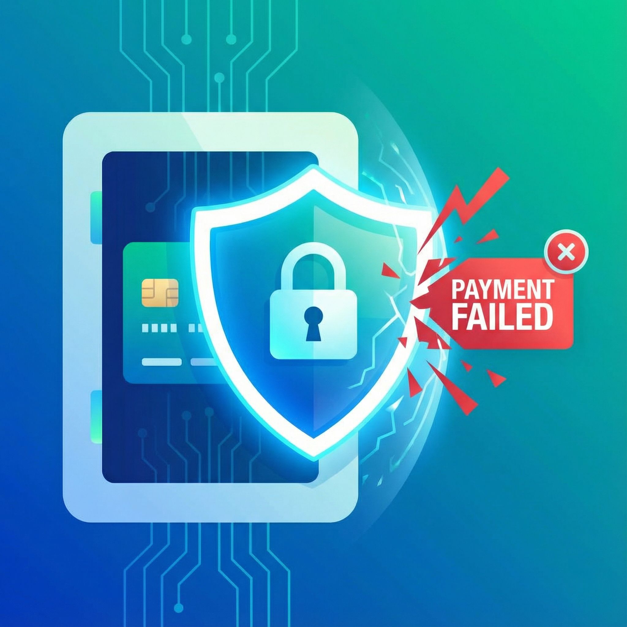 방패 모양 아이콘이 있는 디지털 금고가 빨간색 '결제 실패' 경고로부터 신용카드를 보호하는 깔끔한 현대적
