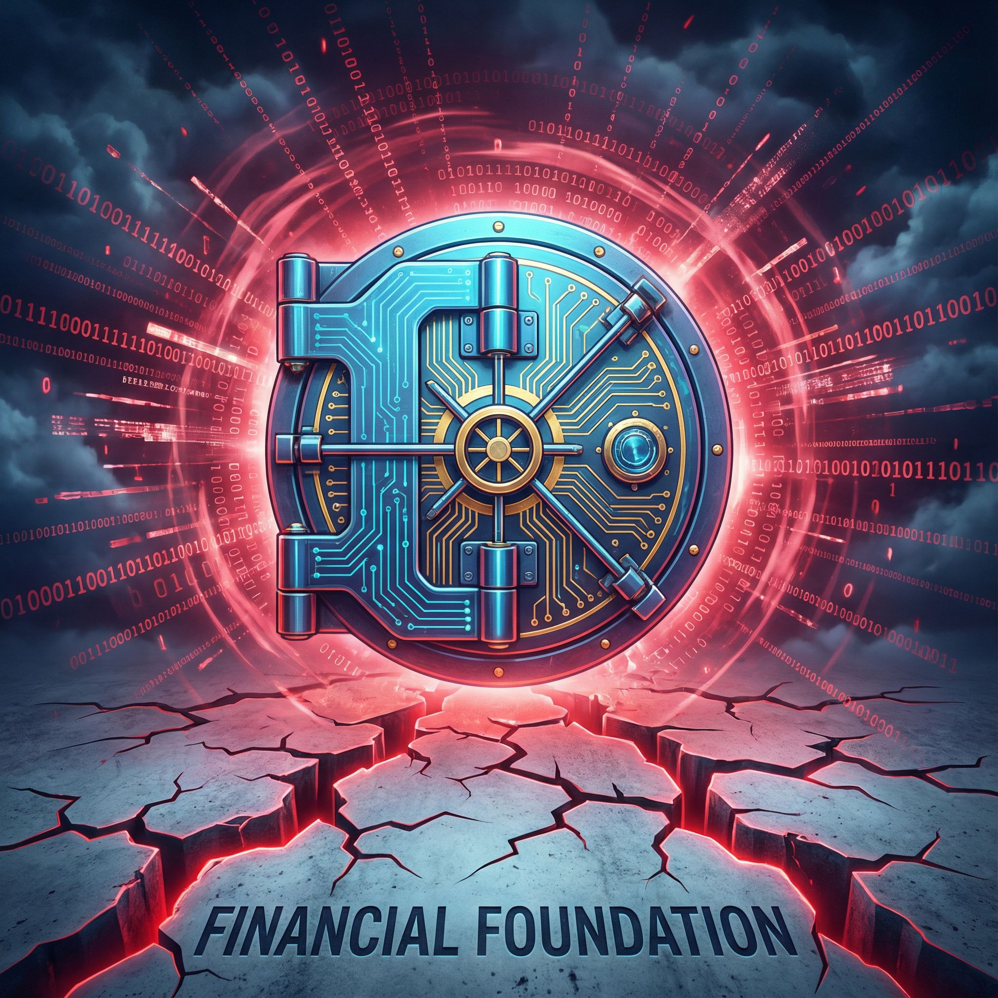 붉은 빛 데이터 폭풍이 디지털 금고를 공격하며 재무 기반에 금이가는 모습이다.