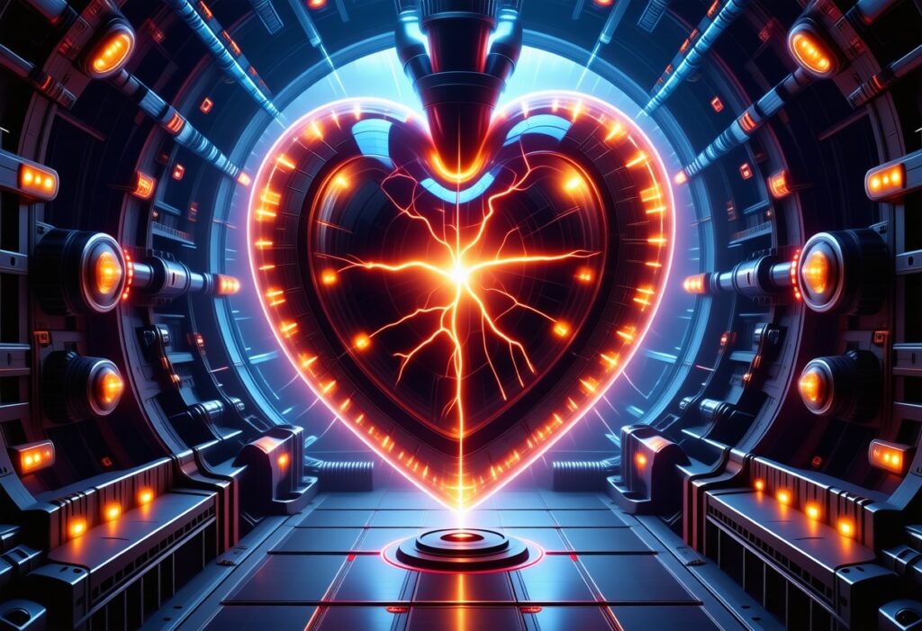 강렬한 에너지 심장이 중심에서 빛을 내뿜는 미래형 장면으로, 핵심 엔진을 상징적으로 표현한 이미지