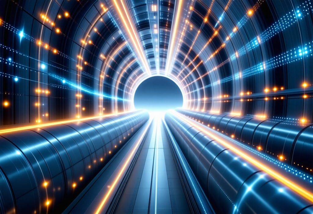 빛의 궤적이 이어지는 고속 통로 속에서 중심으로 빨려 들어가는 듯한 장면으로, 초저지연 네트워크를 표현한 이미지