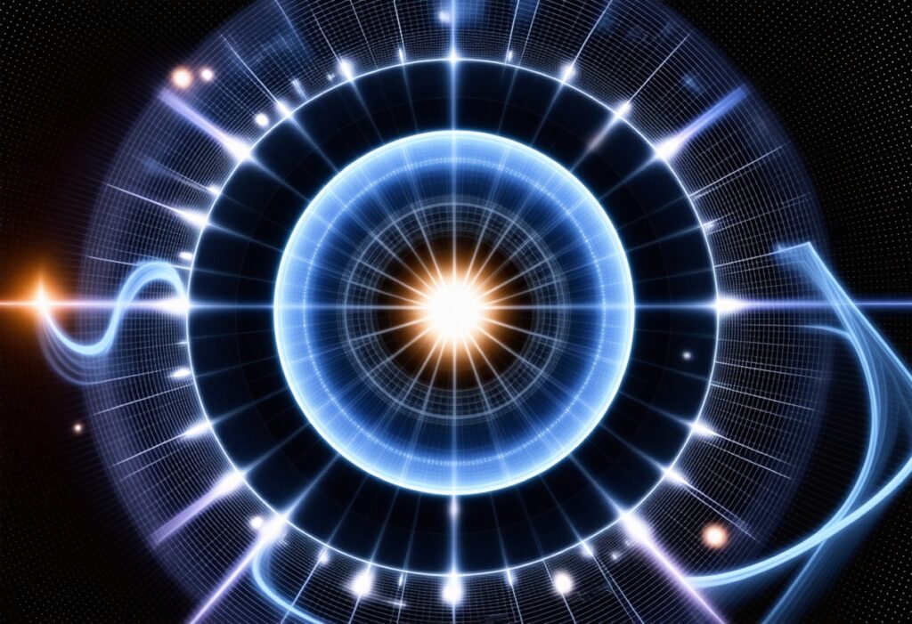 푸른 원형 에너지 중심에서 빛이 퍼져 나가는 장면으로, 정교한 데이터 흐름을 연상시키는 이미지
