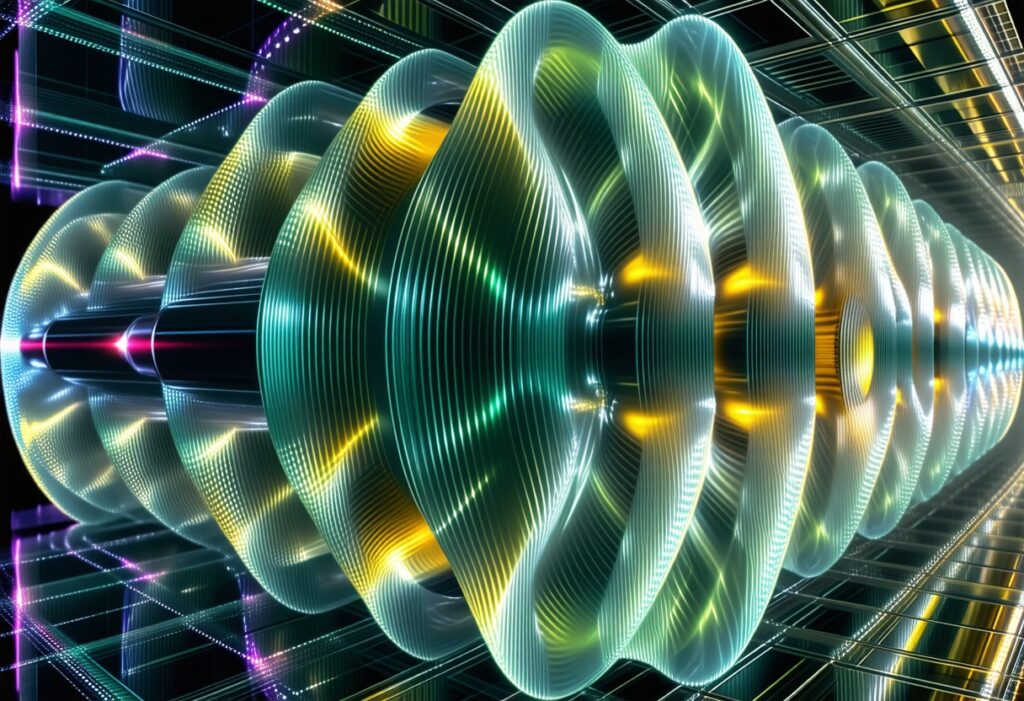 다층의 빛나는 구조물이 파동처럼 이어지는 장면으로, 고성능 연산 흐름을 시각적으로 표현한 이미지