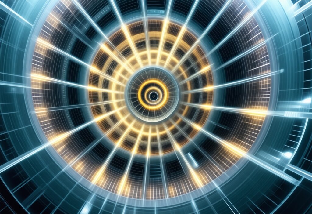 원형 구조를 중심으로 빛이 바깥으로 퍼져 나가는 듯한 역동적인 추상 이미지