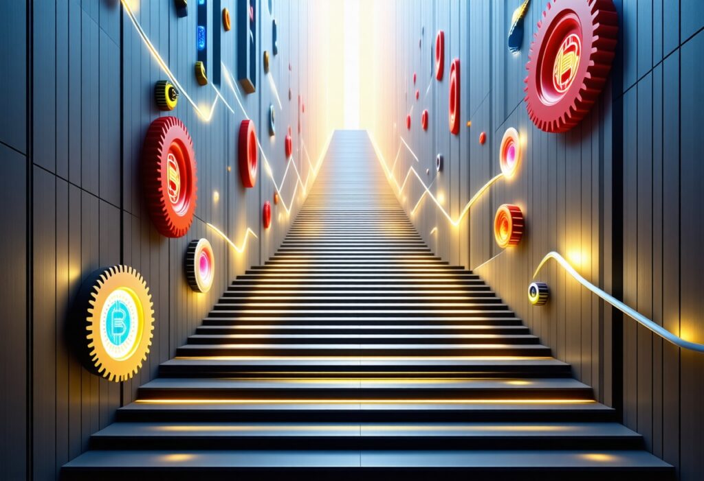 계단 양옆에 다양한 톱니 모양 장치들이 배치된 공간으로, 기술의 성장 과정을 은유적으로 나타낸 이미지