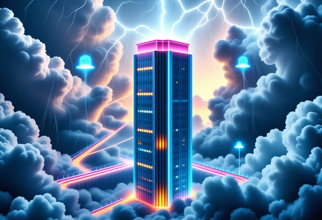 구름 속에서 번개와 함께 빛나는 고층 타워가 서 있는 장면으로, 안정적인 클라우드 인프라를 상징하는 이미지
