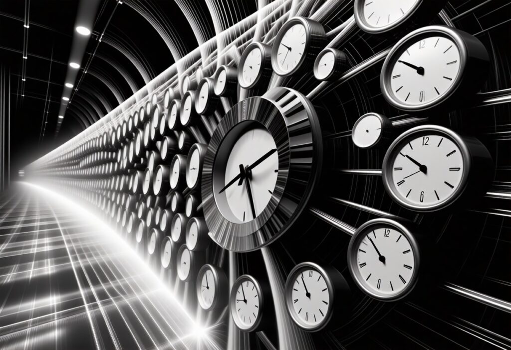 수많은 시계가 벽면에 배열된 흑백 미래 공간으로, 정밀한 시간 동기화 시스템을 상징하는 이미지