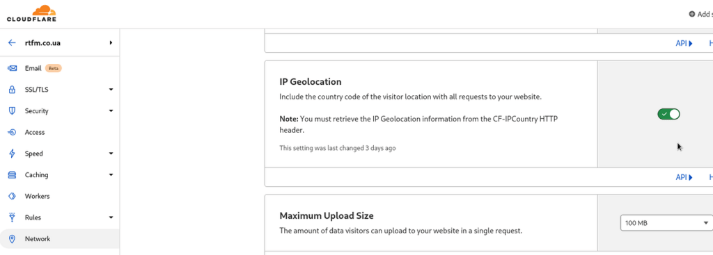 Cloudflare dashboard showing IP Geolocation enabled to include visitor country codes in website requests.