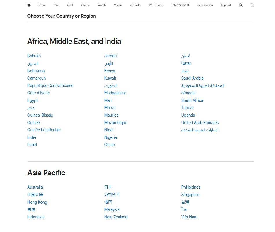 Apple’s official country selector lets visitors enter the appropriate regional storefront without manually altering the URL.