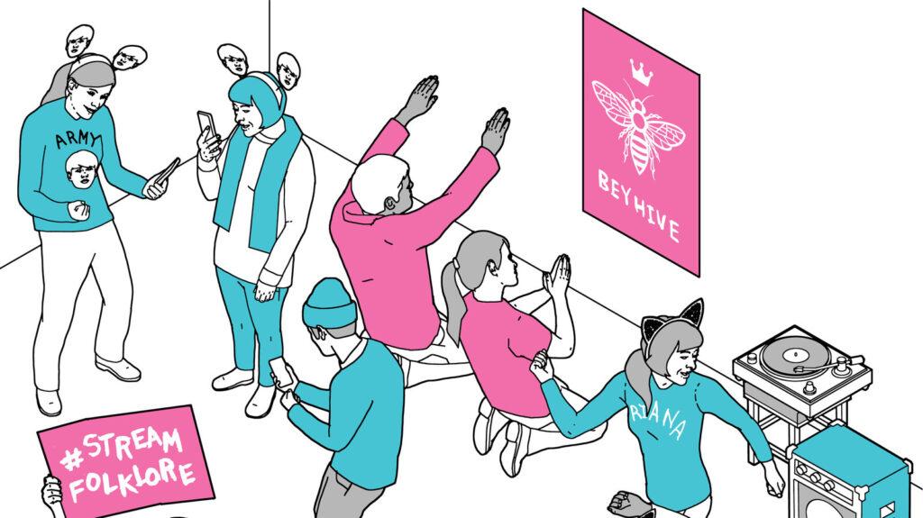 Illustration of fans interacting through phones, livestreams, music, and fandom groups, representing participation and communication within creator fan communities.