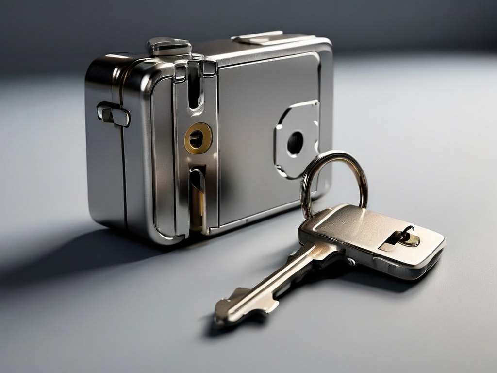 Small metal lock, closed key case, and blank security card arranged on matte gray surface for account safety metaphor.