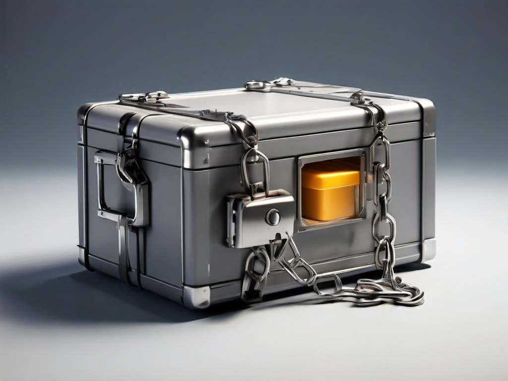 Sealed gray storage case with metal chain and small blocks representing file locations on a studio surface.