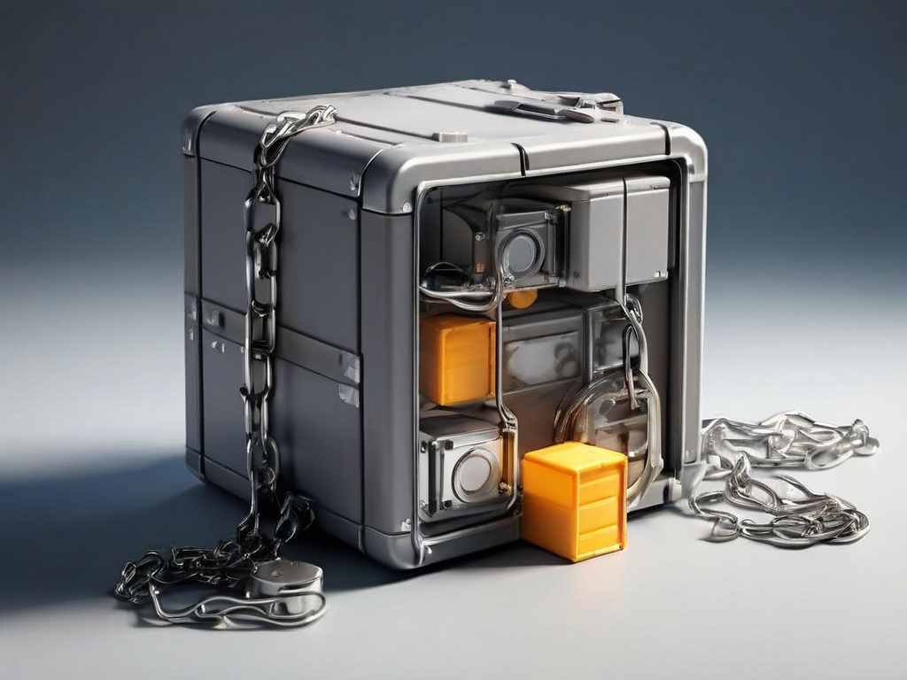 A sealed gray case with a short metal chain, beside scattered blank blocks representing file paths on a matte surface.