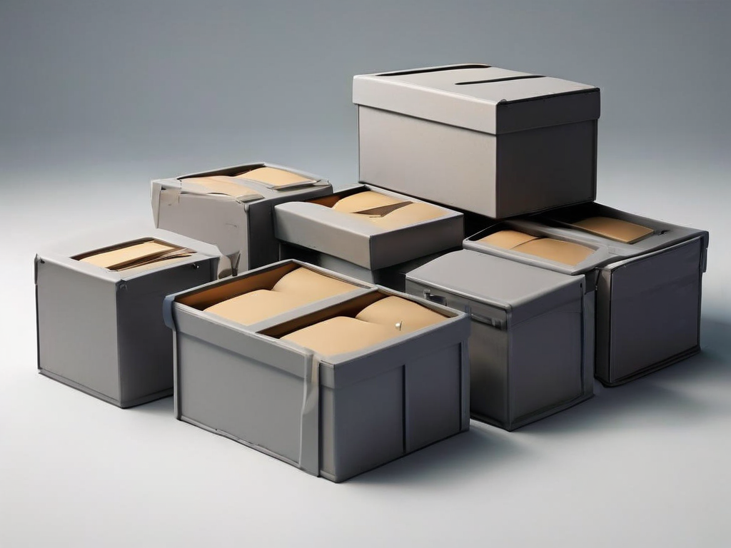 Three stacked archival boxes with smaller compartment inserts on a gray studio surface, soft side light casting clean shadows...