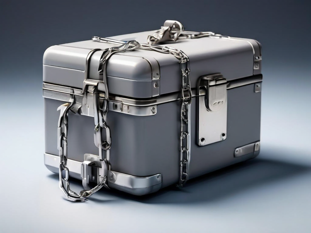 Metal chain linking a sealed case to blank blocks on a gray surface.