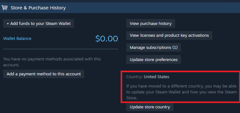 Steam links store-country settings with regional purchasing and payment requirements rather than display language alone.