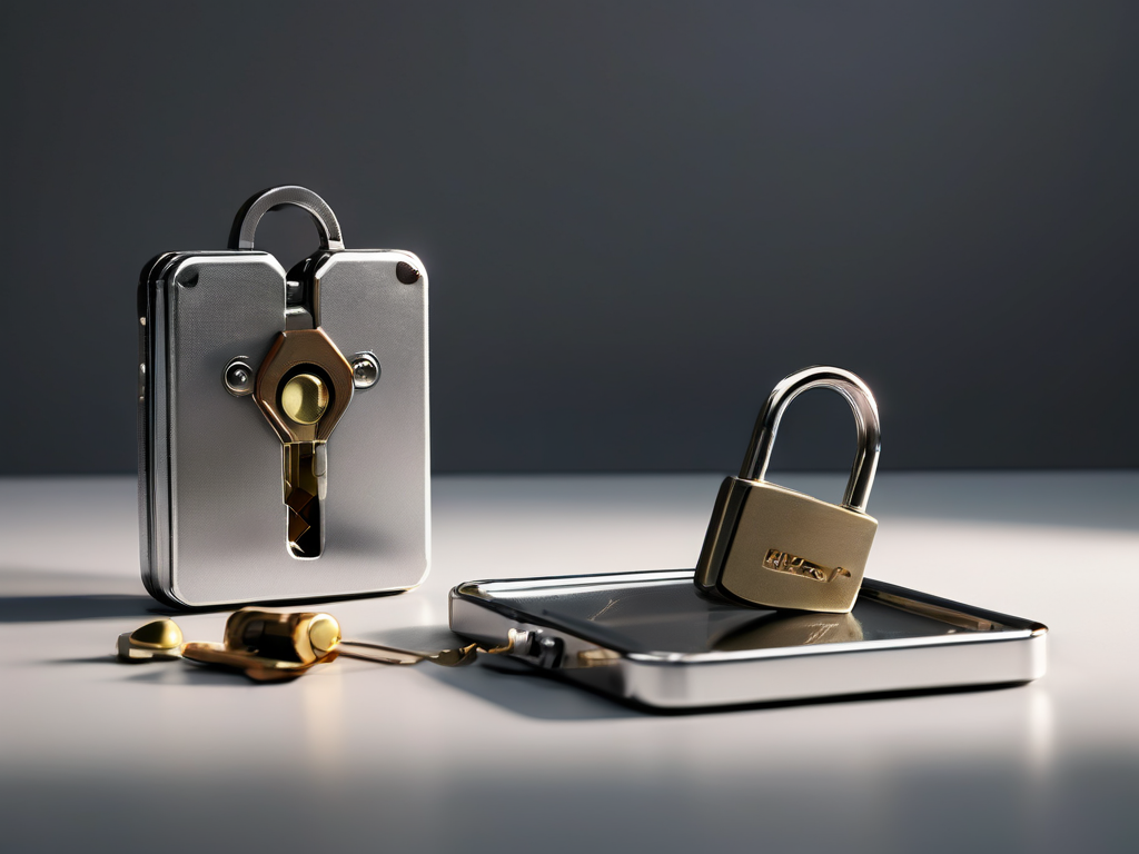 Lock, key card, and closed key case on stone counter for shared account security preparation.