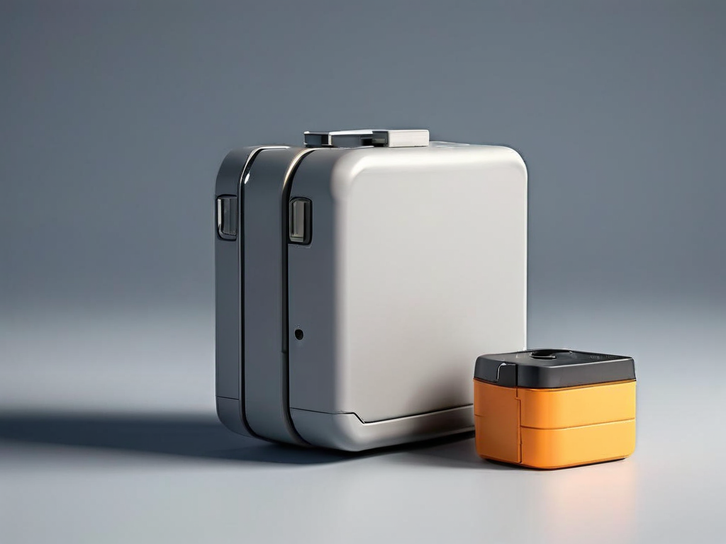 Portable storage drive with stacked data blocks and a capacity gauge prop on a matte gray studio surface, soft side light, clean...