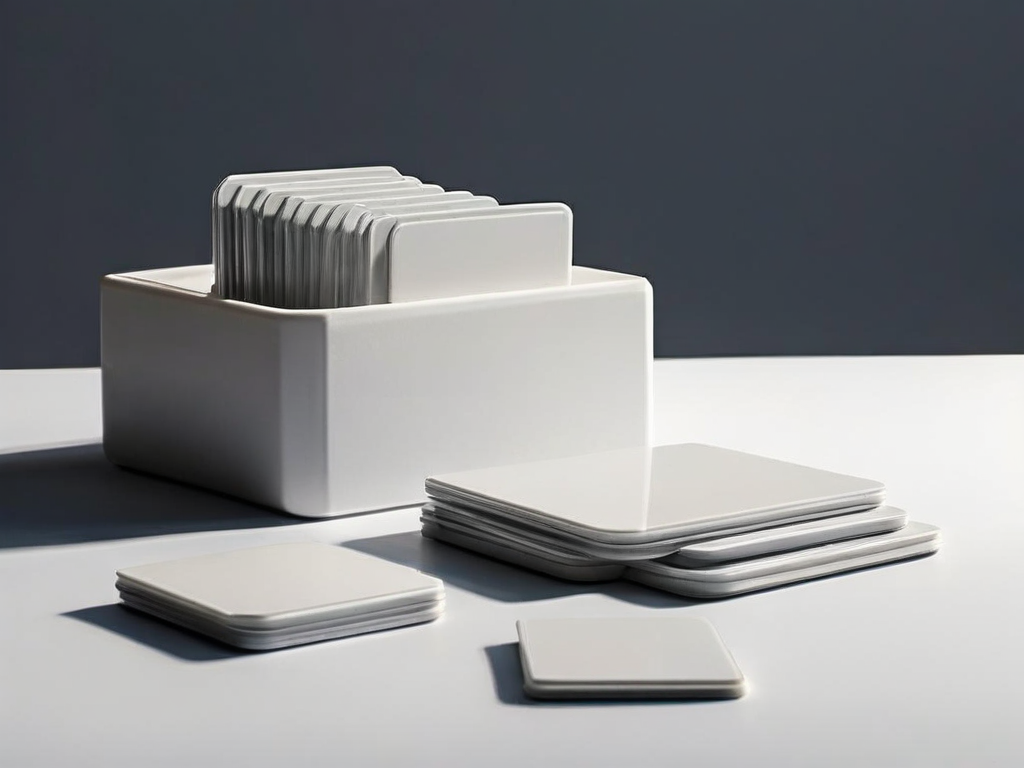 Blank memory cards and empty sleeves arranged in a storage tray on a stone counter.