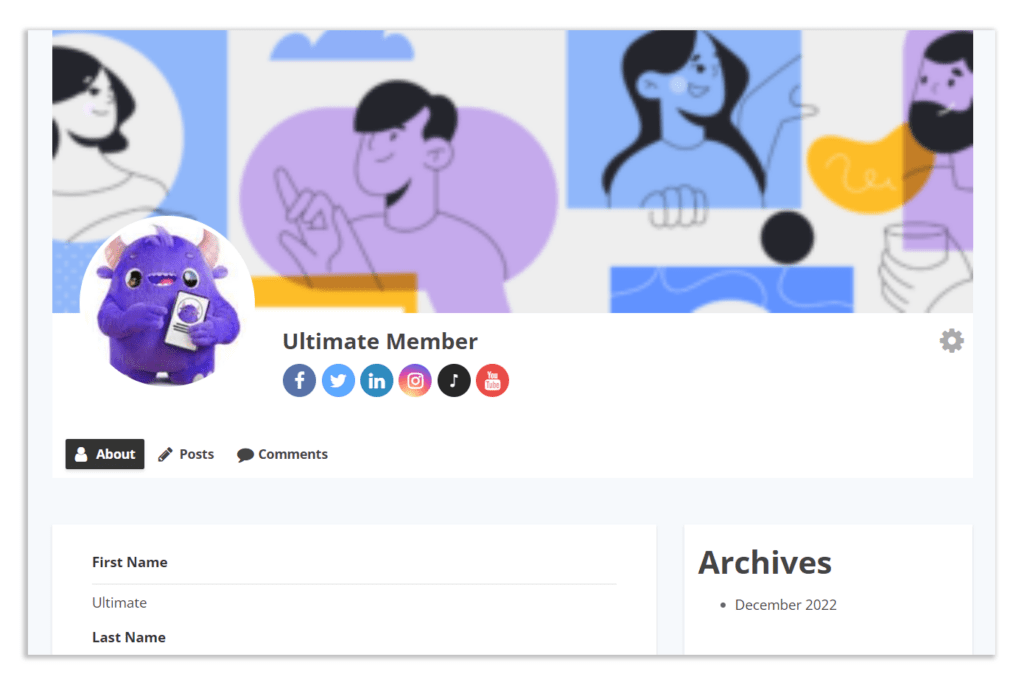 Creator membership profile with linked social accounts, member posts, comments, and a content archive, illustrating an organized membership space for exclusive updates.